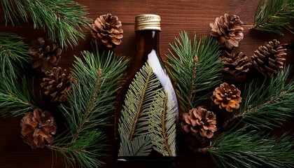 Festive Bottle Surrounded By Pine Cones And Fir Branches
