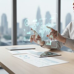 A professional analyzing data with holographic interface in a modern office setting.