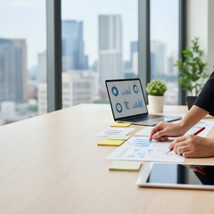 A professional analyzing data with graphs and charts in a modern office setting.