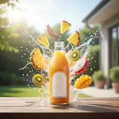 Refreshing fruit juice bottle with splashes and vibrant tropical fruits around it.