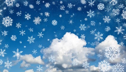 Snowflakes Falling Against A Blue Sky With White Clouds