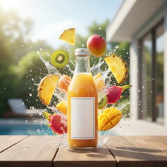 Refreshing fruit juice bursting with flavor in a sunny outdoor setting.