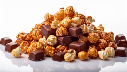 A Close Up Shot Of A Pile Of Caramel Popcorn Chocolate Covered Popcorn And Chocolate Squares On White
