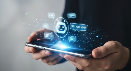 Customer support AI chatbot concept on smartphone screen with digital interface icons