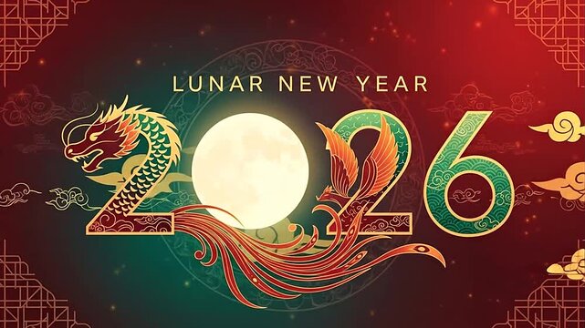 Grand Lunar New Year 2026 design featuring a majestic golden dragon, a glowing full moon, and traditional cloud patterns on a dark red festive background.