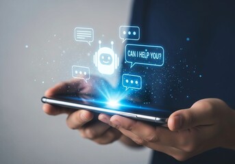Customer support AI chatbot concept on smartphone screen with digital interface icons
