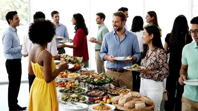 Party buffet with guests mingling.