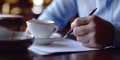 Person focused on work over coffee