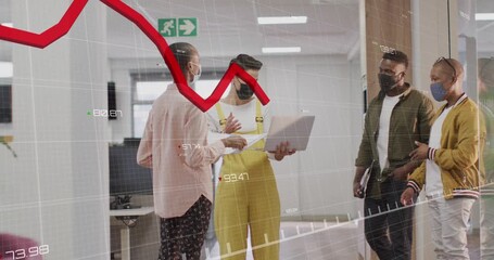 Animation of statistical data processing against team of diverse colleagues discussing at office - Powered by Adobe