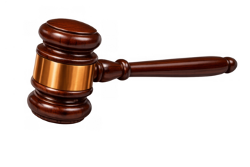Wooden gavel with a brass band on a transparent background, symbolizing law, justice, and final decisions