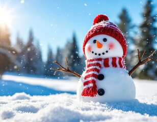 Fototapeta premium snowman standing on a sunny winter day. Winter Christmas New Year card