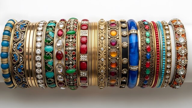 A vibrant stack of gold and gemstone bangles showcasing intricate designs and rich colors