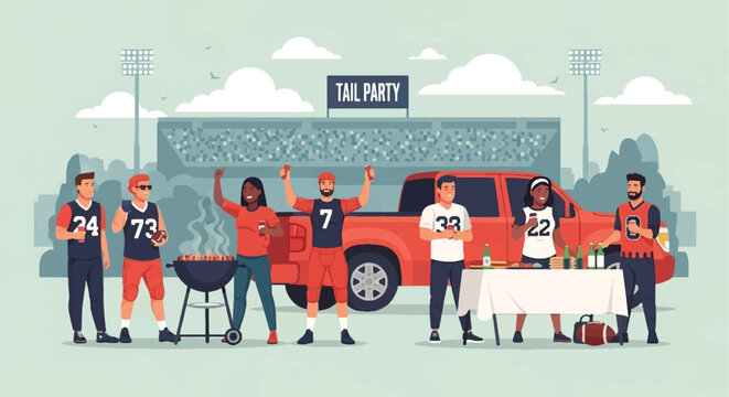 Football Tailgate Party Fans Vector Scene with Stadium and Game Day Celebration