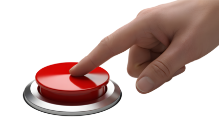 A hand pressing a large red button on a black background