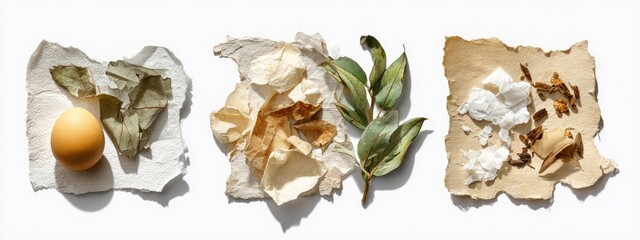 Composition of natural elements, egg, leaves, paper scraps, plants, on white