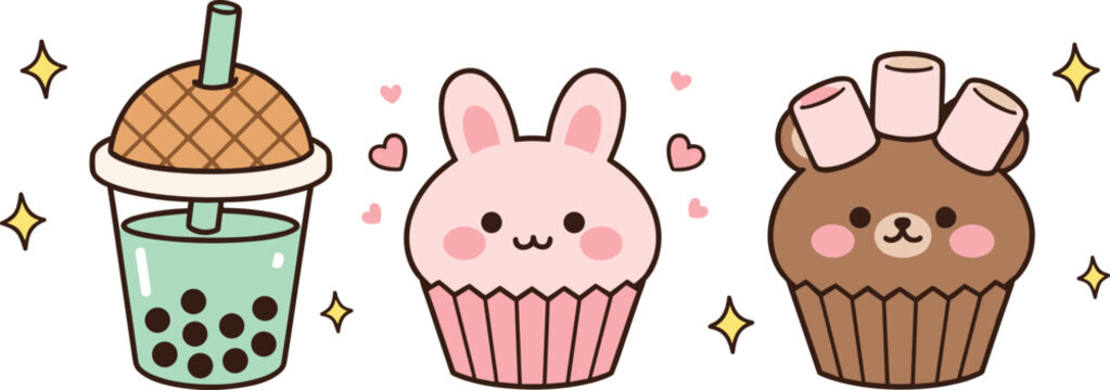 Cute Dessert Cartoon Vector Set with Bubble Tea Bunny Cupcake and Bear Muffin for Stickers, Kids, and Food Designs