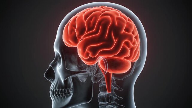 "Side view of human head with semi-transparent skull revealing detailed brain anatomy including cerebrum, cerebellum, and brainstem in red, medical illustration style, high-resolution, educational use