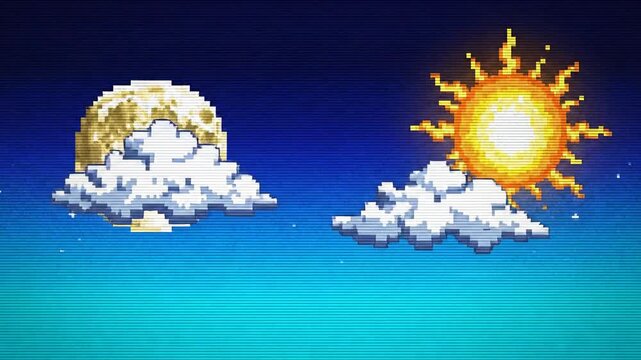 8-bit landscape of the sun and moon against a blue sky with clouds over a blue and green sea