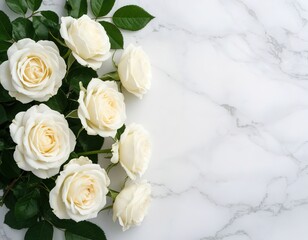 Delicate white roses flowers on a marble background. Spring frame. Space for text. Color of the Year 2026, Cloud Dancer.