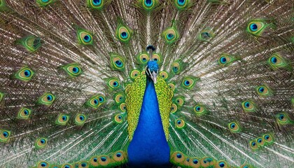 Obraz premium Vibrant blue peacock with fully fanned tail feathers displaying eye-like patterns in green, blue, and gold, showcasing symmetry, vivid coloration, and natural elegance in a lush setting.