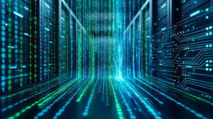 Futuristic Data Center Corridor With Neon Blue and Green Light Streams, futuristic data background wallpaper