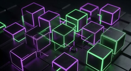 3D glowing neon cubes network on dark keyboard technology background futuristic