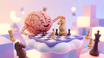 happy brain with crown on the head petting chess horse, brain loves chess concept art