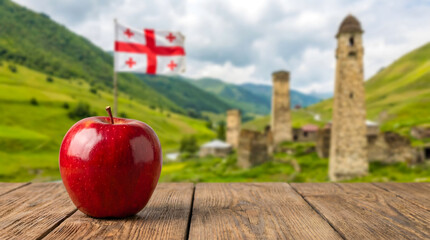 red apple on the wooden table on the Georgian background, on background there are traditional Georgian towers and Georgian flag