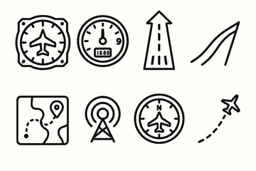 Aviation Navigation Icons. Aviation Navigation Tools set in outline vector style: cockpit dial, altimeter, runway arrow, airspeed line, flight map, radio beacon, heading indicator, sky path
