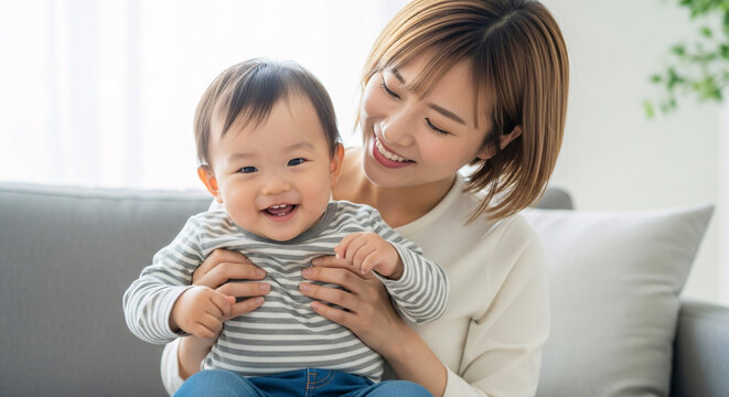 Happy Asian mother holding her laughing baby son on her lap at home, joyful family moment, motherhood and childcare