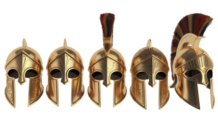 A collection of ancient Greek and Roman gold helmets on a black background
