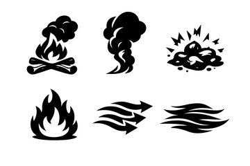 Obraz premium Brutalist Fire Icons. Fire smoke icon set in silhouette bold style. Contain campfire, smoke plume, ember sparks, flame base, airflow arrows, drifting haze