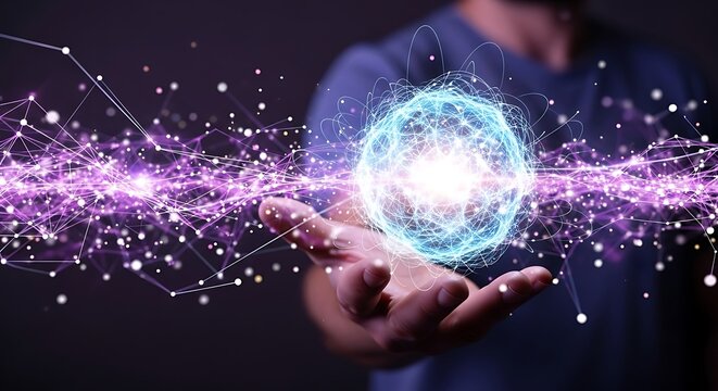 Hand holding glowing digital network sphere with futuristic tech particles and light effects - Powered by Adobe
