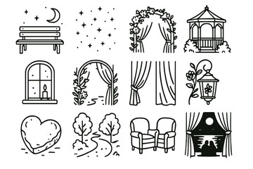 Moonlit Romantic Icons. Romantic Settings set in outline vector style : moonlit bench, starlit sky, secluded gazebo, candlelit window, blooming archway, soft