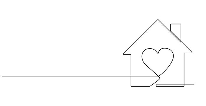 continuous one line drawing a heart in a house . Romantic sign of love. Animation on a, Heart inside house continuous one line drawing. 4K. Symbol of love for valentine's day, Love home concept.