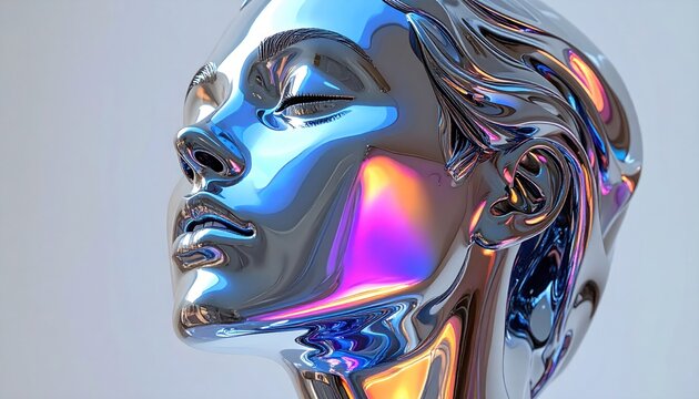 Chrome-like sculpted human head in side profile; iridescent colors reflect across polished surface
