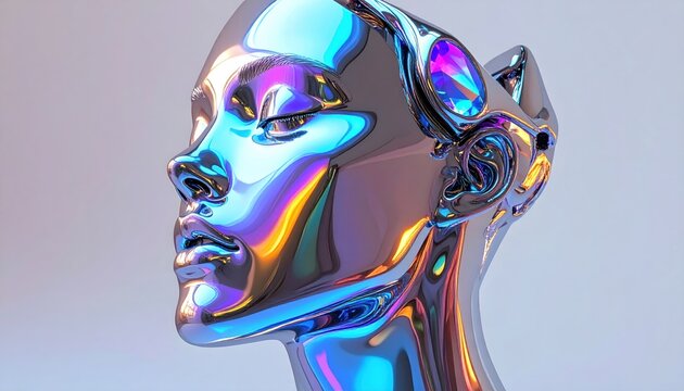 A polished chrome-like head with colorful iridescence and an unusual ear adornment