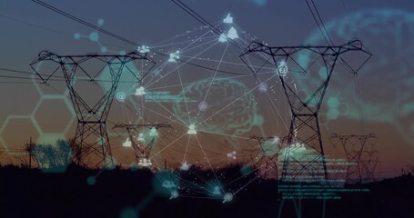 Animation of financial data processing over electric pylons in countryside - Powered by Adobe