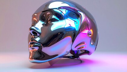 Fototapeta premium Chrome-like human head sculpture reflects ambient light, creating a surreal and futuristic feel