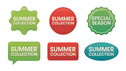 A colorful graphic design featuring summer collection labels and special season badges