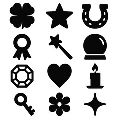 Brutalist Icon Set. Charmfield icon set in silhouette bold style. Contain four-leaf clover, star, horseshoe, heart, ribbon, magic wand, crystal ball, candle, gemstone, key, flower, sparkle