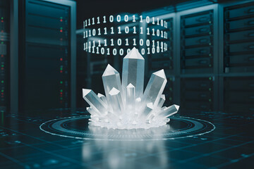 Crystal Cluster and Binary Code in a Futuristic Server Room