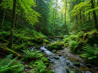 Obraz premium Serene Forest Stream with Lush Greenery