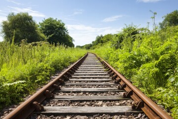 Obraz premium Rusted Railway Tracks at a Scenic Green Landscape with Clear Skies