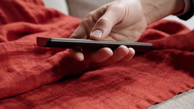 A man's hand picks up a modern remote control from a sofa. Close-up of a person taking a sleek smart TV device for home entertainment