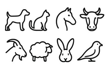 Animal Icon Silhouettes. Animal Breeds set in outline vector style: dog silhouette, cat outline, horse head, cow icon, goat profile, sheep wool shape, rabbit ears, bird figure