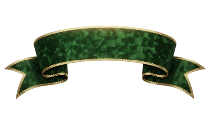 Green ribbon banner isolated on transparent background with gold trim
