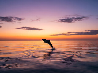 Silhouette of a person jumping into the water at sunset