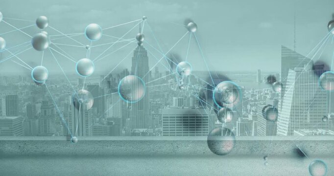 Digital network floating above rooftop ledge, showing translucent spheres and glowing nodes in 3D
