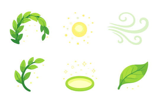 Enchanted Forest Icons. Enchantment Forest Charm set in isometric flat vector : leafy glow arc, drifting pollen mote, soft breeze swirl, natural shimmer dot, enchanted leaf curve, calm light ring